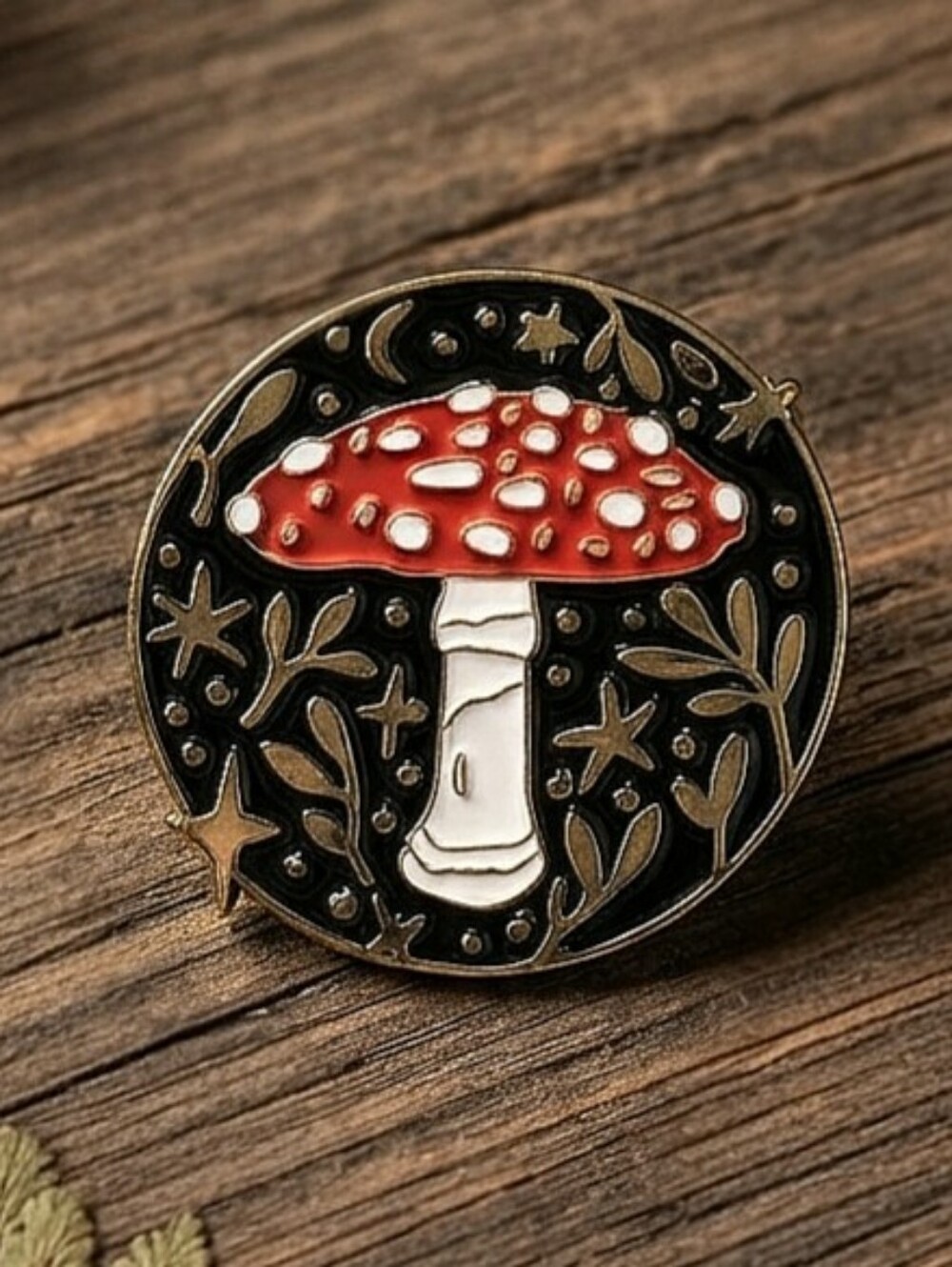 Celestial Mushroom Enamel Pin: Cottagecore Red Toadstool Gold Moon Star Vines